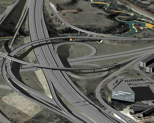 Aerial rendering of I-235 Broadway Extension Corridoe Widening and I-44 Exchange