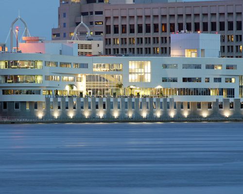 Exterior photo of Baptist Heart Hospital at night.