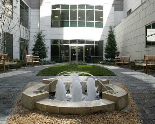 Exterior photo of water fountain in a garden at Baptist Medical Center South