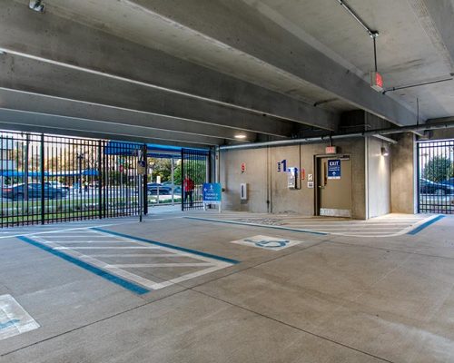 Photo of handicap parking spaces on the ground level of the parking structure