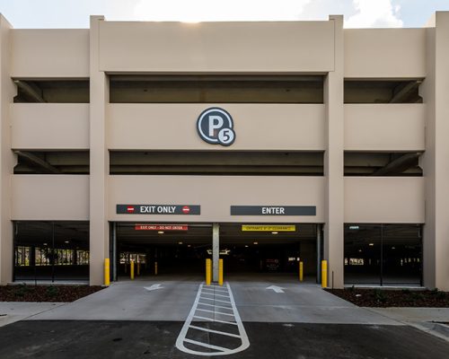 Close up photo of main entrance/exit of parking structure.