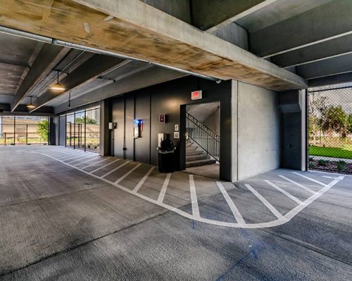 Photo of the bottom floor stairwell of the parking structure.