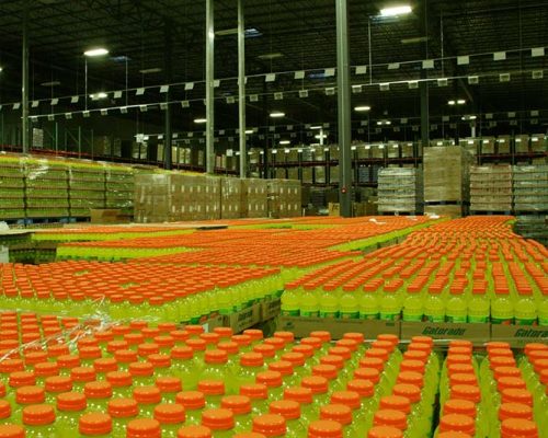 Palletized beverages in the Gatorade Bottling Facility warehouse