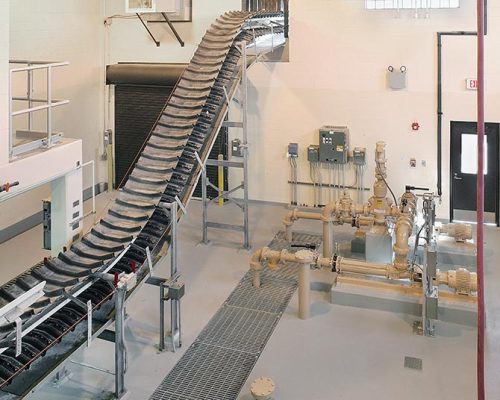 Solids conveyor system and water pipes inside the facility