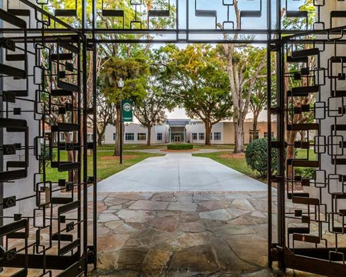 Frisch Welcome Center doorway with view of grounds