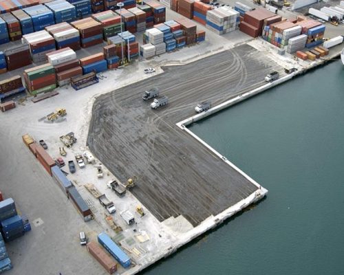 Arial photo of cargo containers at the Port of Miami.