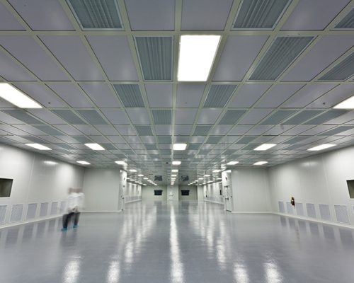 Interior of Saft America. White walls, floor and ceiling.
