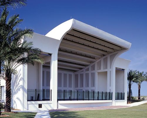 Exterior photo of Sea Walk Pavilion. Palm trees line either side of the venue.